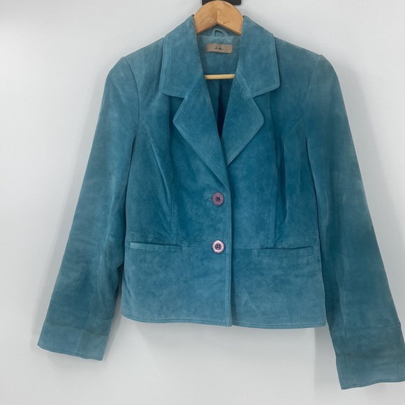 Leather blue blazer jacket button front size medium - Picture 1 of 16